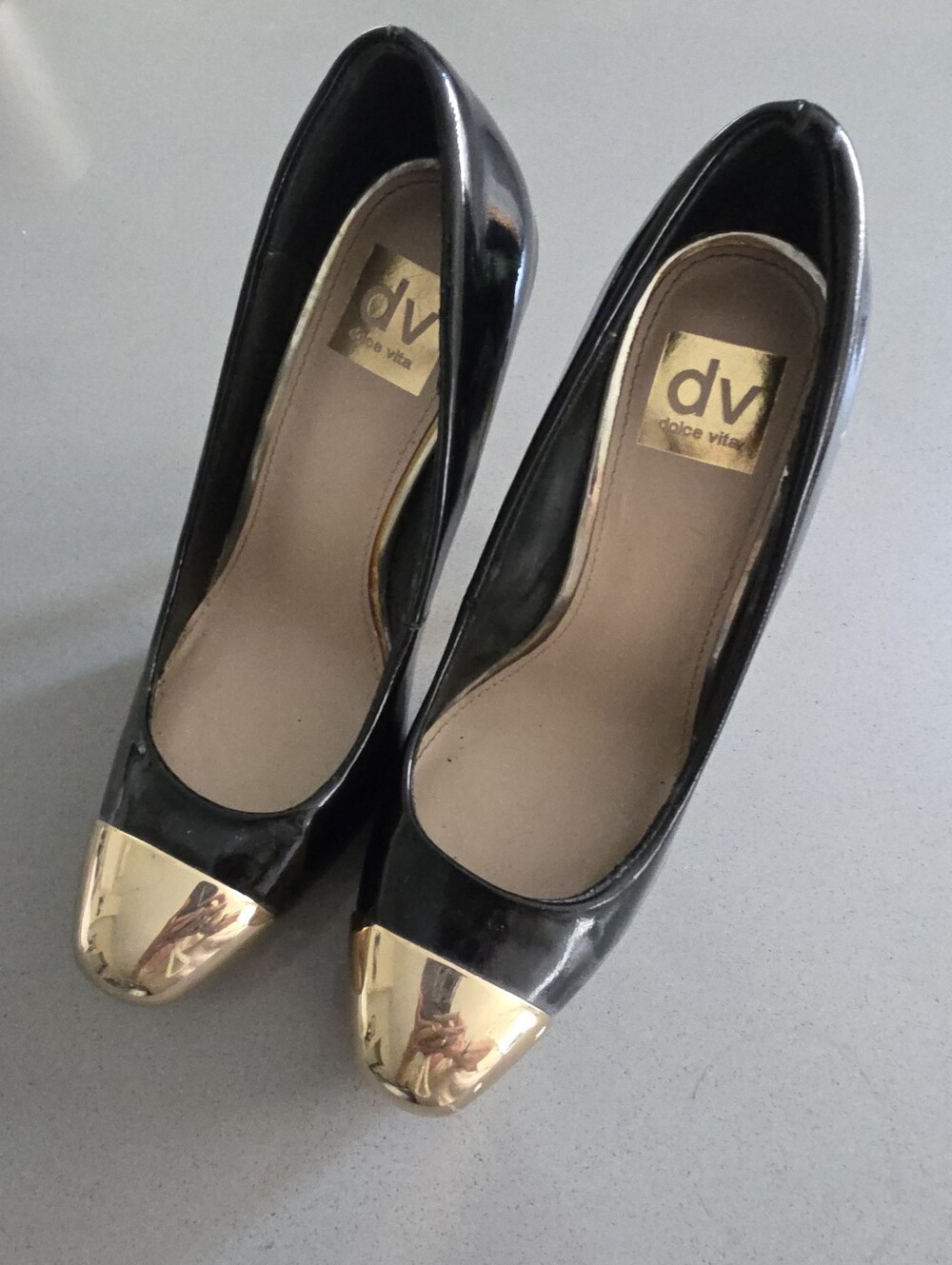 DV by Dolce Vita | "Balko" Black Patent Platform Stiletto With Gold Tip